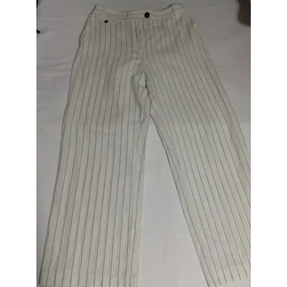 ZARA White Pinstripe Linen Blend Pants Women XL Wide Straight Leg Resort Beach